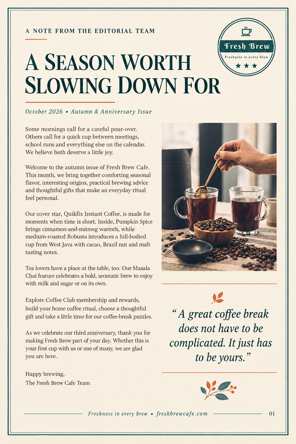 Fresh Brew Cafe magazine page 01 Editorial